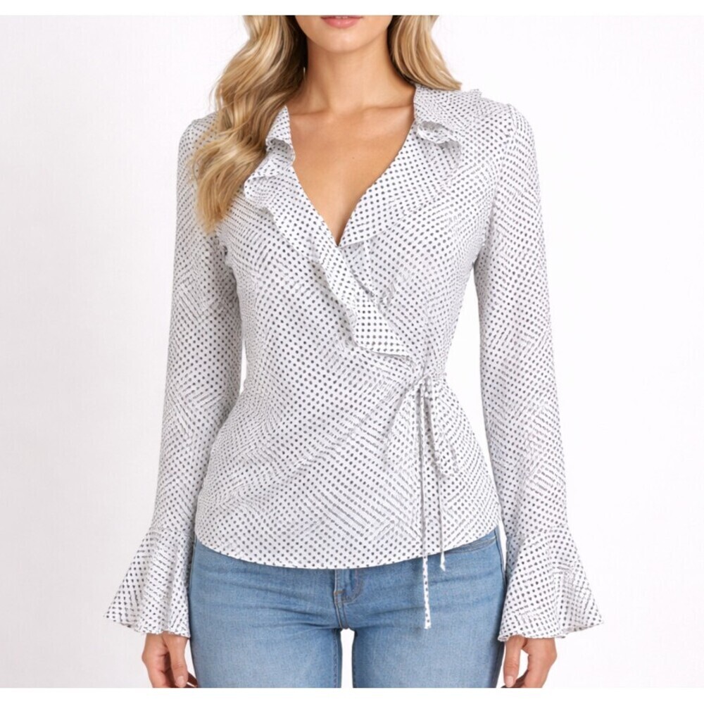 Lucy Paris Polka Dot Bell Sleeve Wrap Blouse White Black - Size Small
